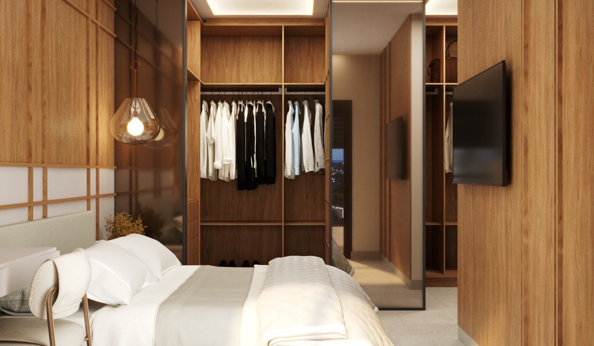 Apartamento traz closet duplo para a suíte do casal