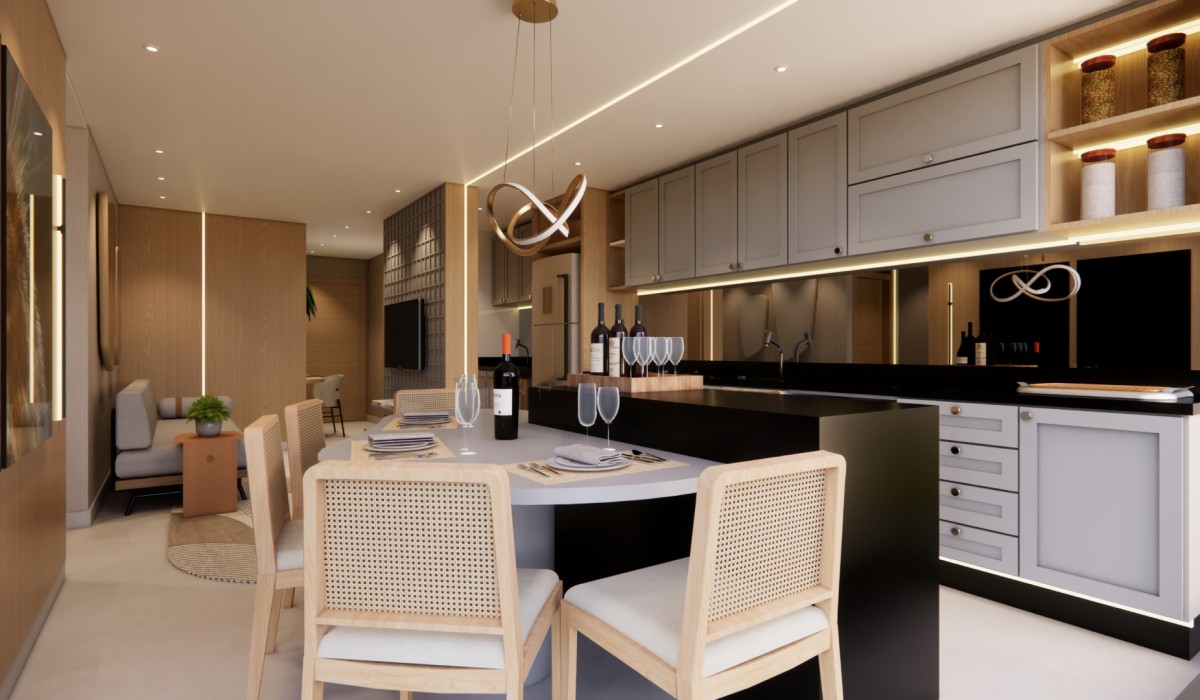 Cozinha e living integrados formam um moderno espaço para receber em casa